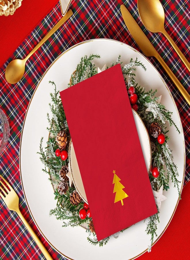 وولاين مجموعة مناديل وايلاين الذهبية لعيد الميلاد، 100 قطعة، بتصميم شجرة صنوبر حمراء وخضراء، للاستخدام مرة واحدة، مناديل ورقية عتيقة، مناسبة للعشاء، منشفة يد، مثالية للحمام، لوازم طاولة حفلات الشتاء - Image 3